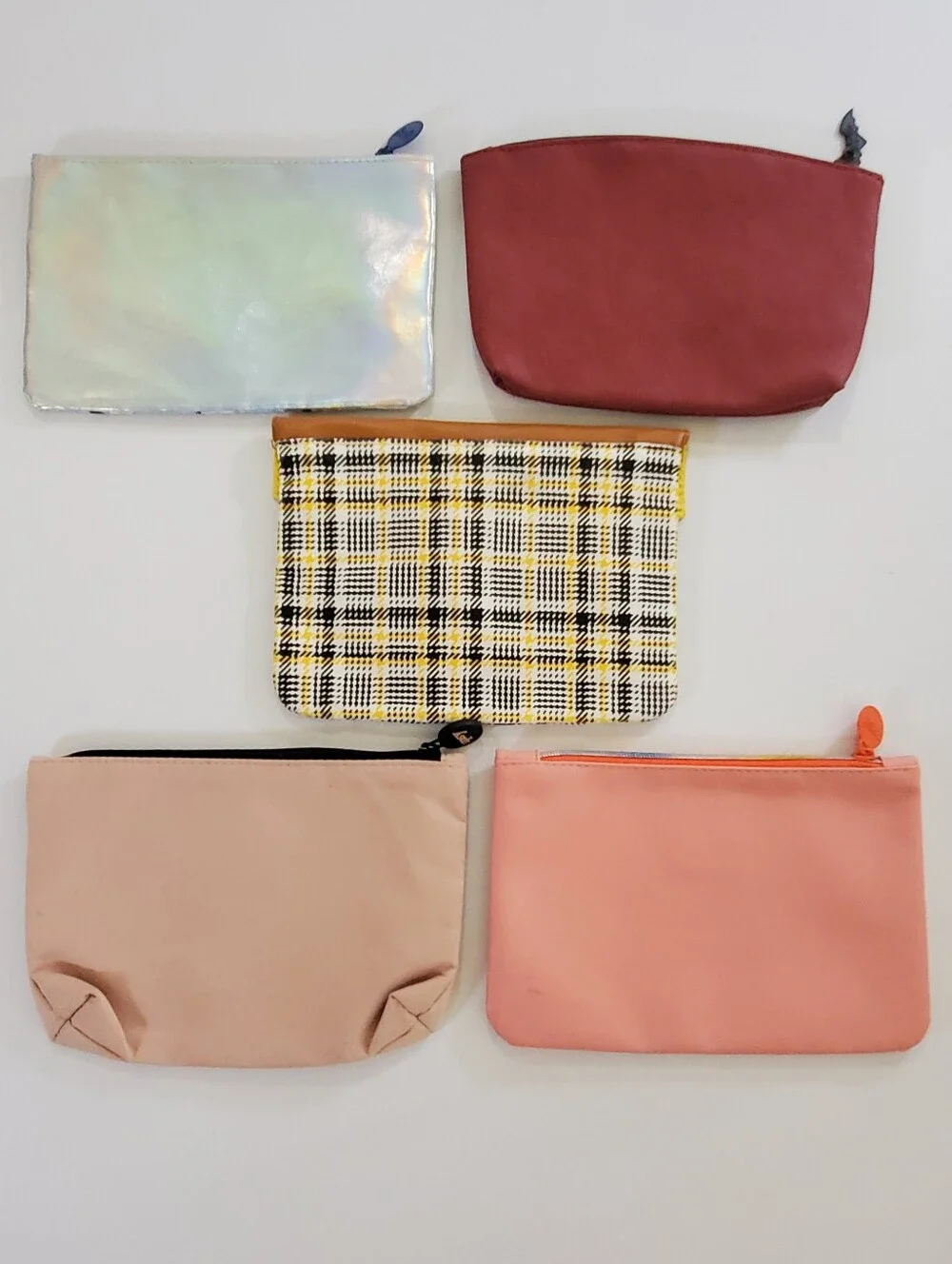 IPSY Bags Set of 5 Assorted Cosmetic Bags Umbrella Bat Plaid Lace Posi-Vibes